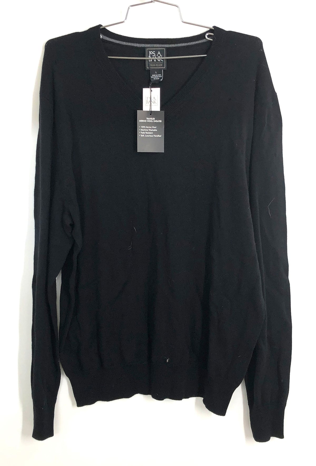 Jos. A. Bank Men's Black Traveler Merino Wool V-Neck Sweater NWT Size L