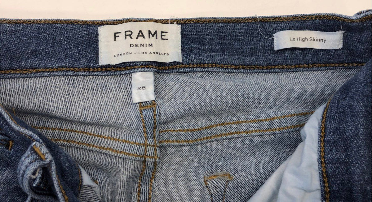 FRAME Women's Le High Skinny Saxon Jeans Blue Distressed Ripped High Rise Sz 28