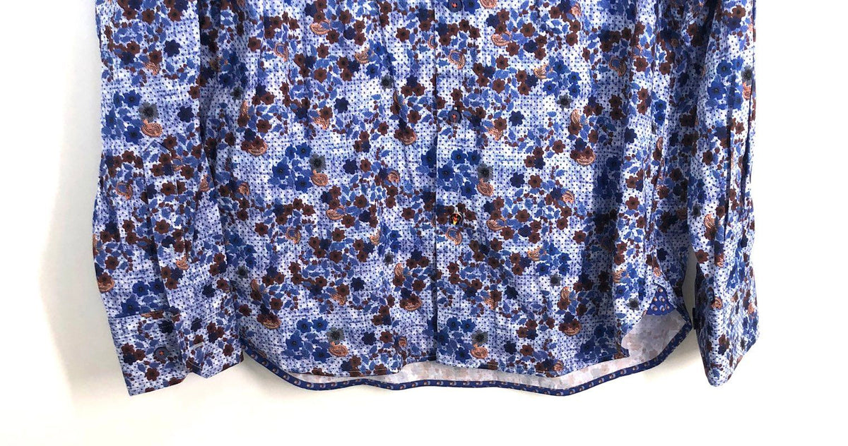Luchiano Visconti Men's Shirt Blue Brown Floral Paisley Stretch Cotton Sz L NWT