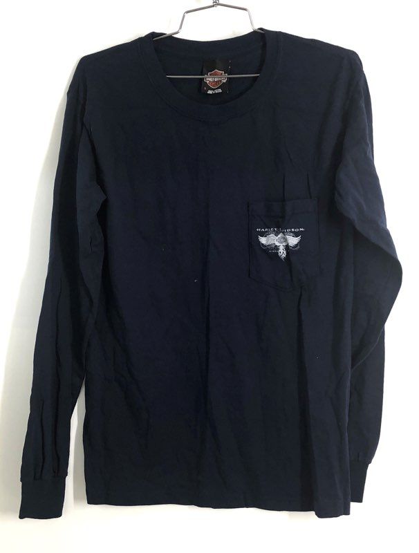 Harley-Davidson Jamaica Motorcycle Long Sleeve Pocket T-Shirt Navy Blue Sz S