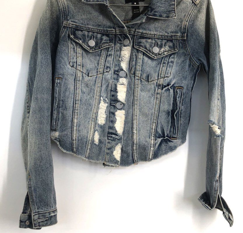Aqua Women's Blue Distressed Destructed Cropped Denim Jacket Sz XS