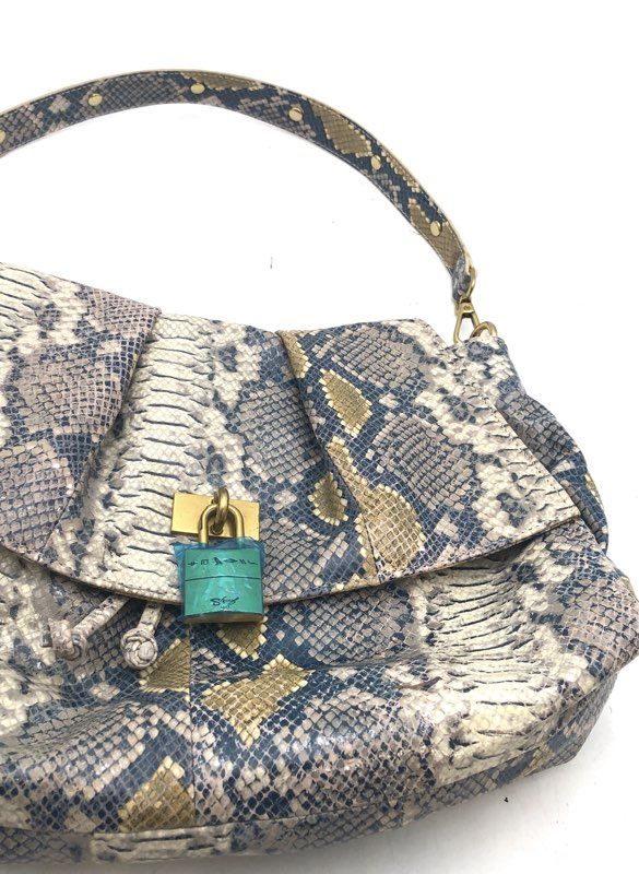 Sharif Legacy Blue Grey Snakeskin Print Hobo Shoulder Bag Gold Lock NWT