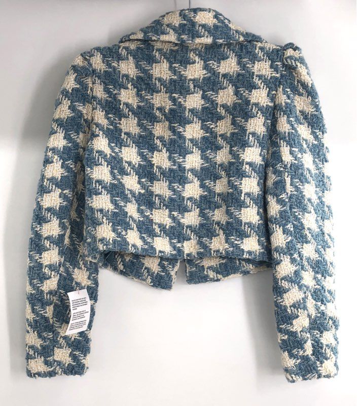 Miss Selfridge Women's Blue Houndstooth Cropped Pearl Button Jacket Sz 10 NWT