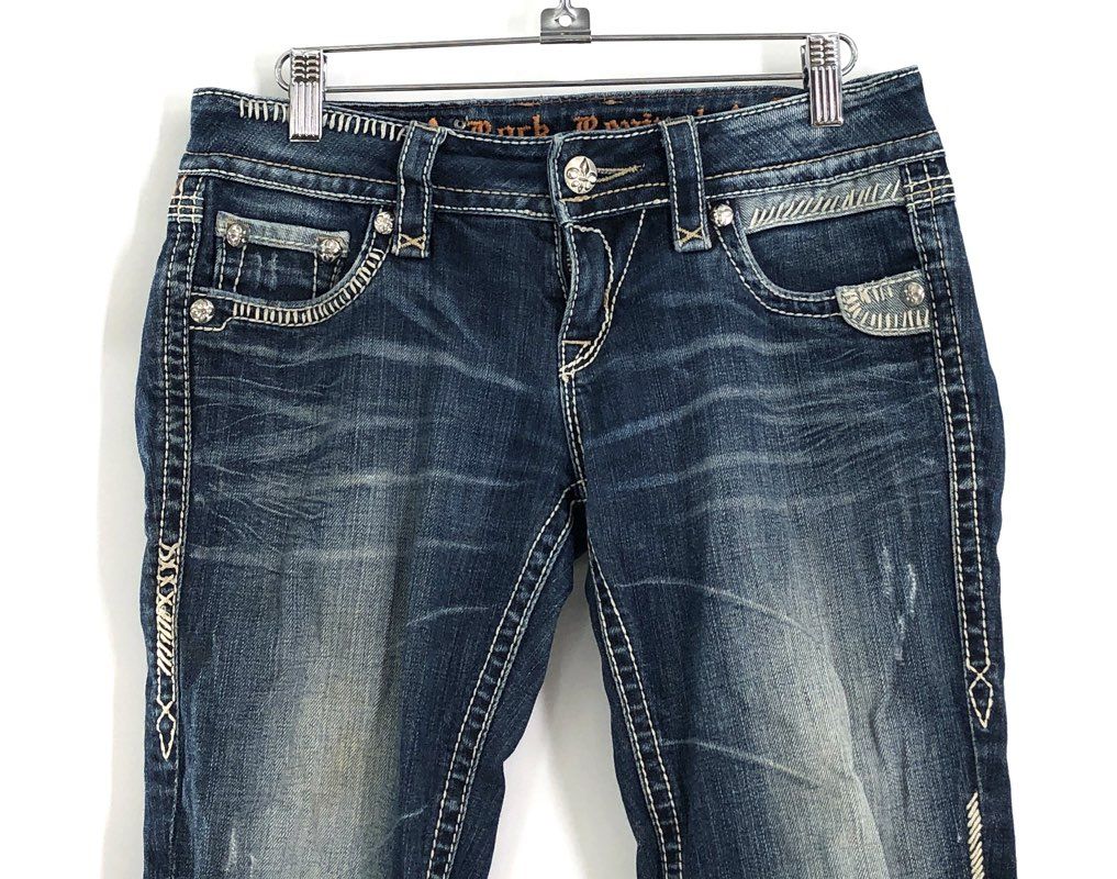 Rock Revival Women's Alanis Capri Jeans Blue Embellished Distressed Sz 27