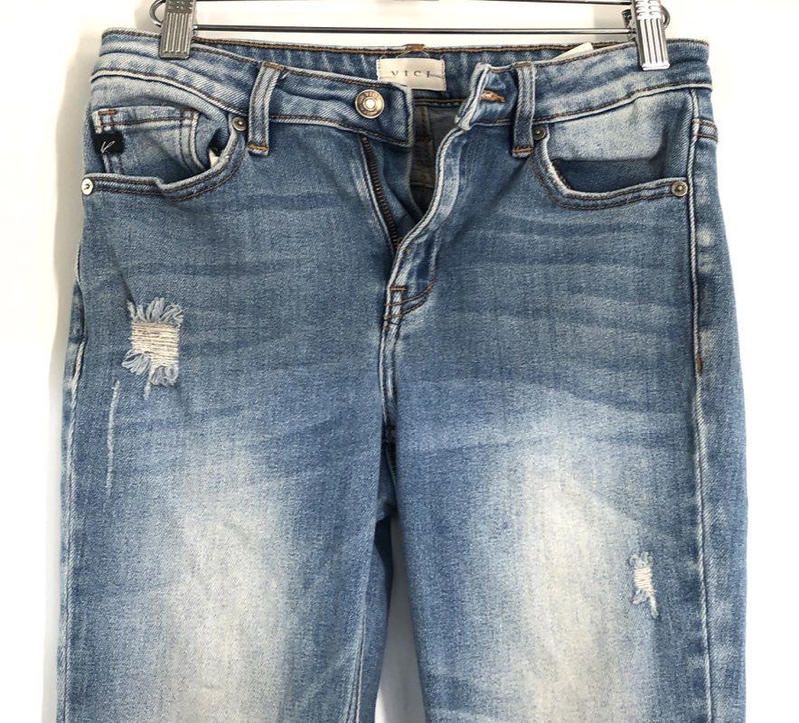 VICI KanCan Women's Blue Distressed Ripped Skinny Jeans Raw Hem Sz 7/27