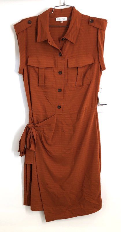 Calvin Klein Women's Terracotta Sleeveless Faux Wrap Utility Shirt Dress NWT M