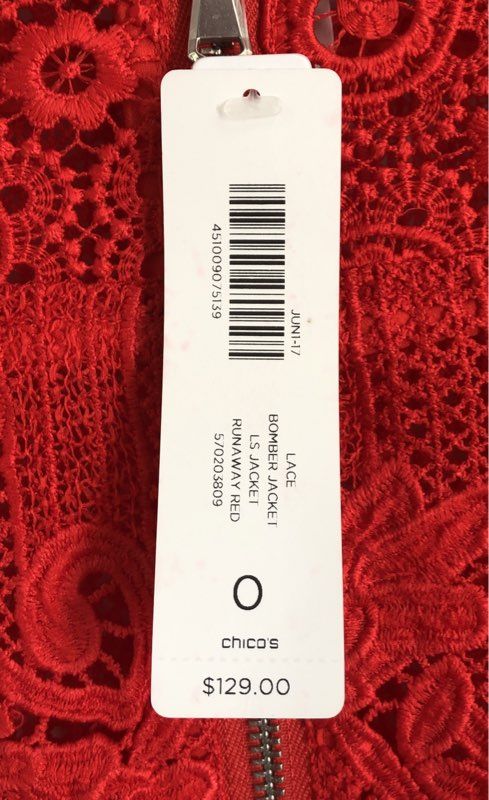 Chico's Women's Red Lace Full Zip Bomber Jacket NWT Sz 0
