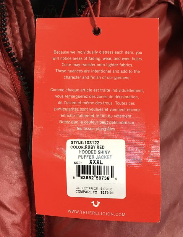 True Religion Men's Ruby Red Hooded Shiny Puffer Jacket NWT Size 3XL