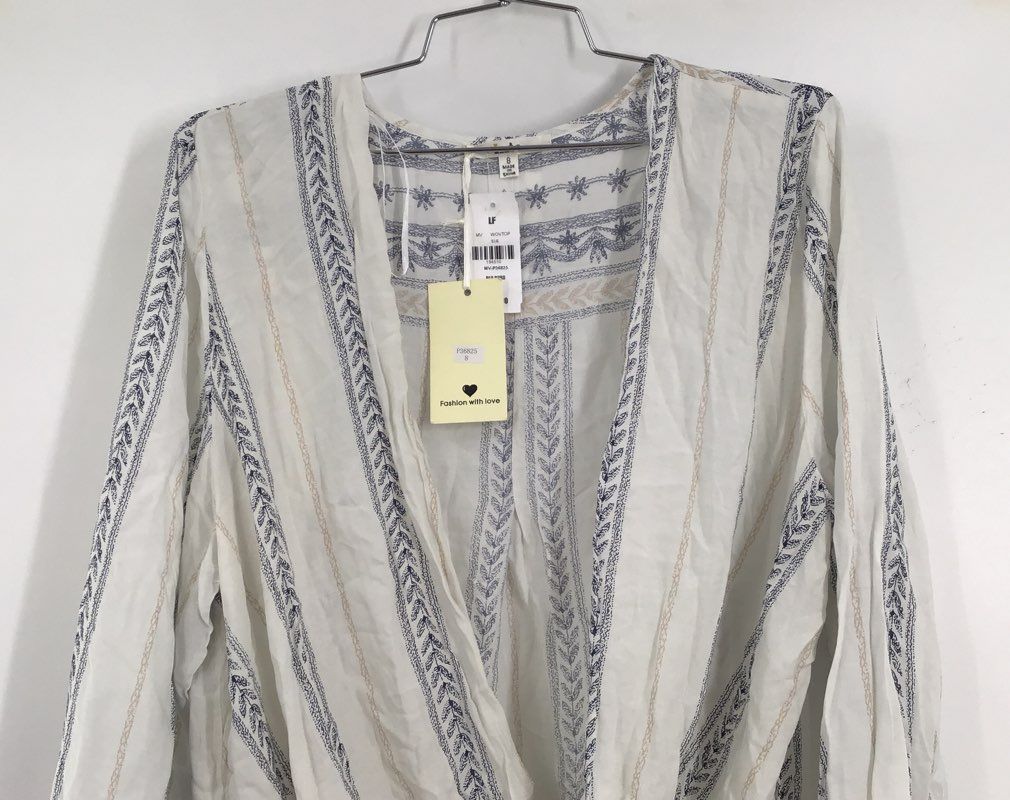 NWT Into Women&#39;s White Blue Wrap Blouse - Size 8