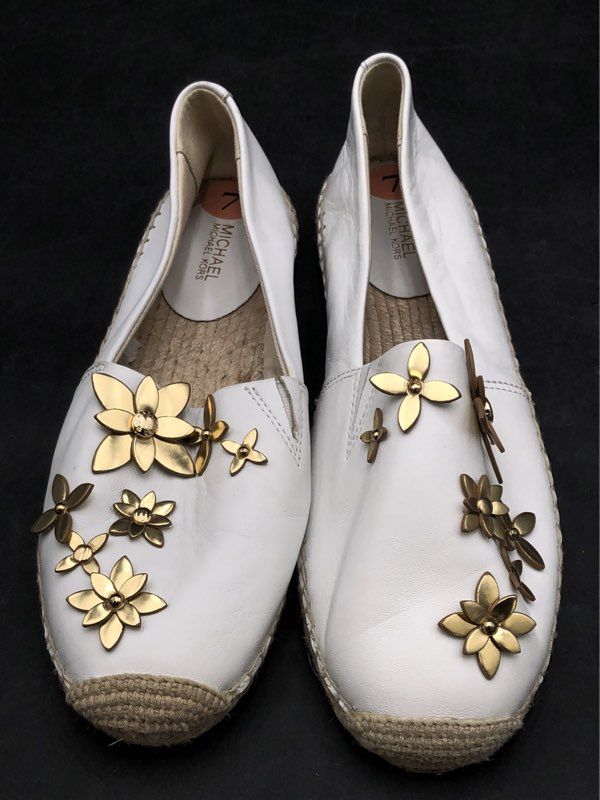 Michael Kors White Leather Gold Floral Applique Espadrille Flats Size 7