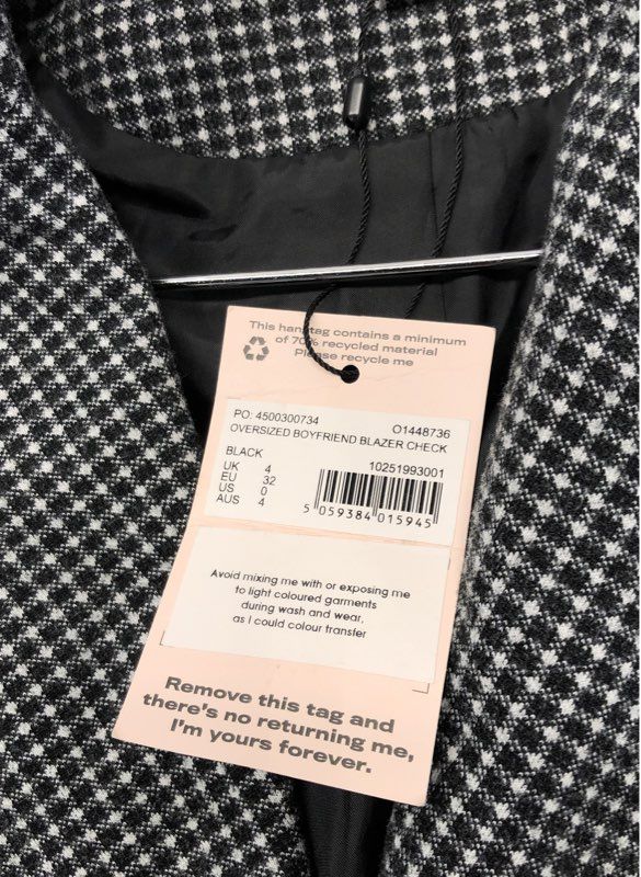 Missguided Women's Oversized Boyfriend Blazer Black Check Double Breasted 0 NWT