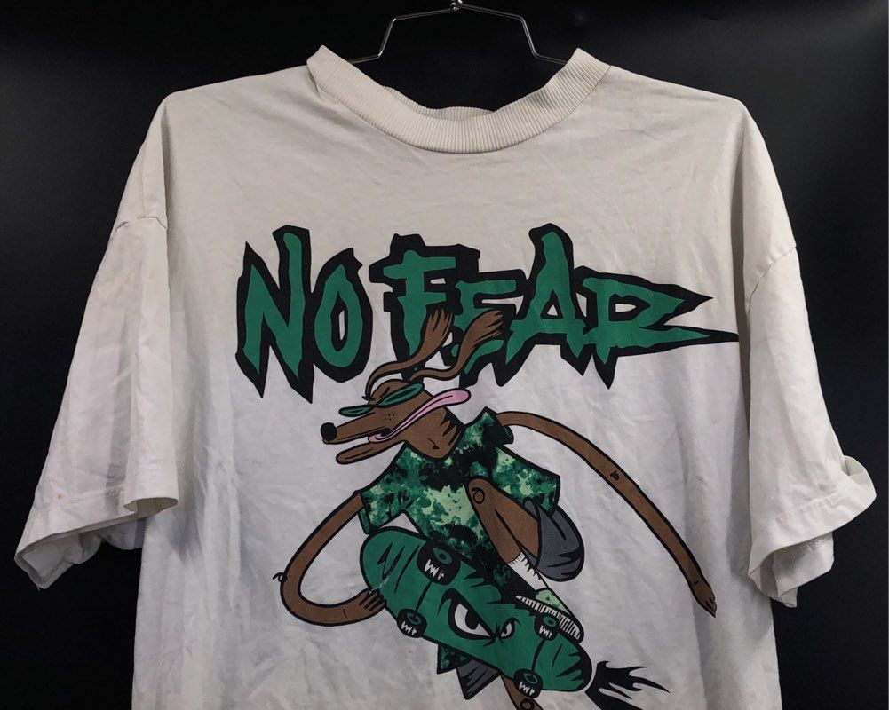 No Fear Skateboard Dog Graphic T-Shirt White Y2K Sz S
