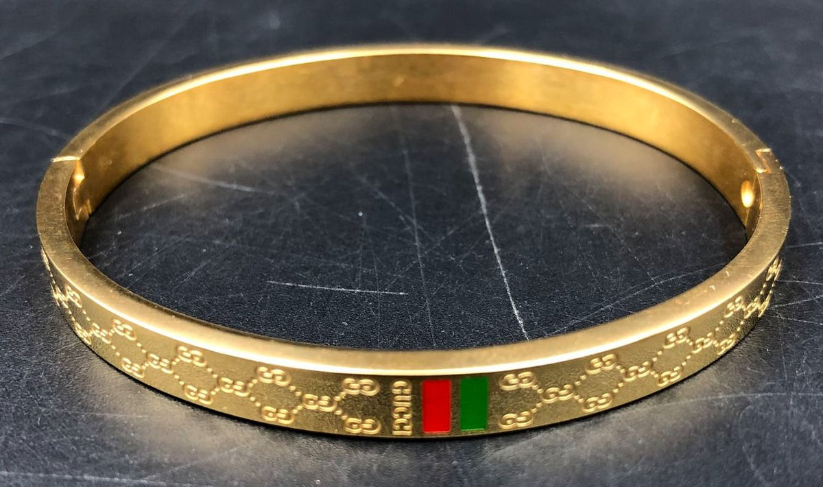 Lot of 2 Gucci Inspired Gold-Tone GG Bangle Bracelets Hinged Web Stripe