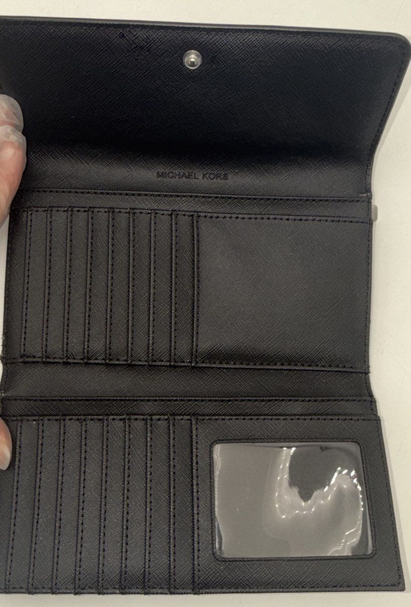 Michael Kors Black Saffiano Leather Trifold Flap Long Wallet Silver Hardware