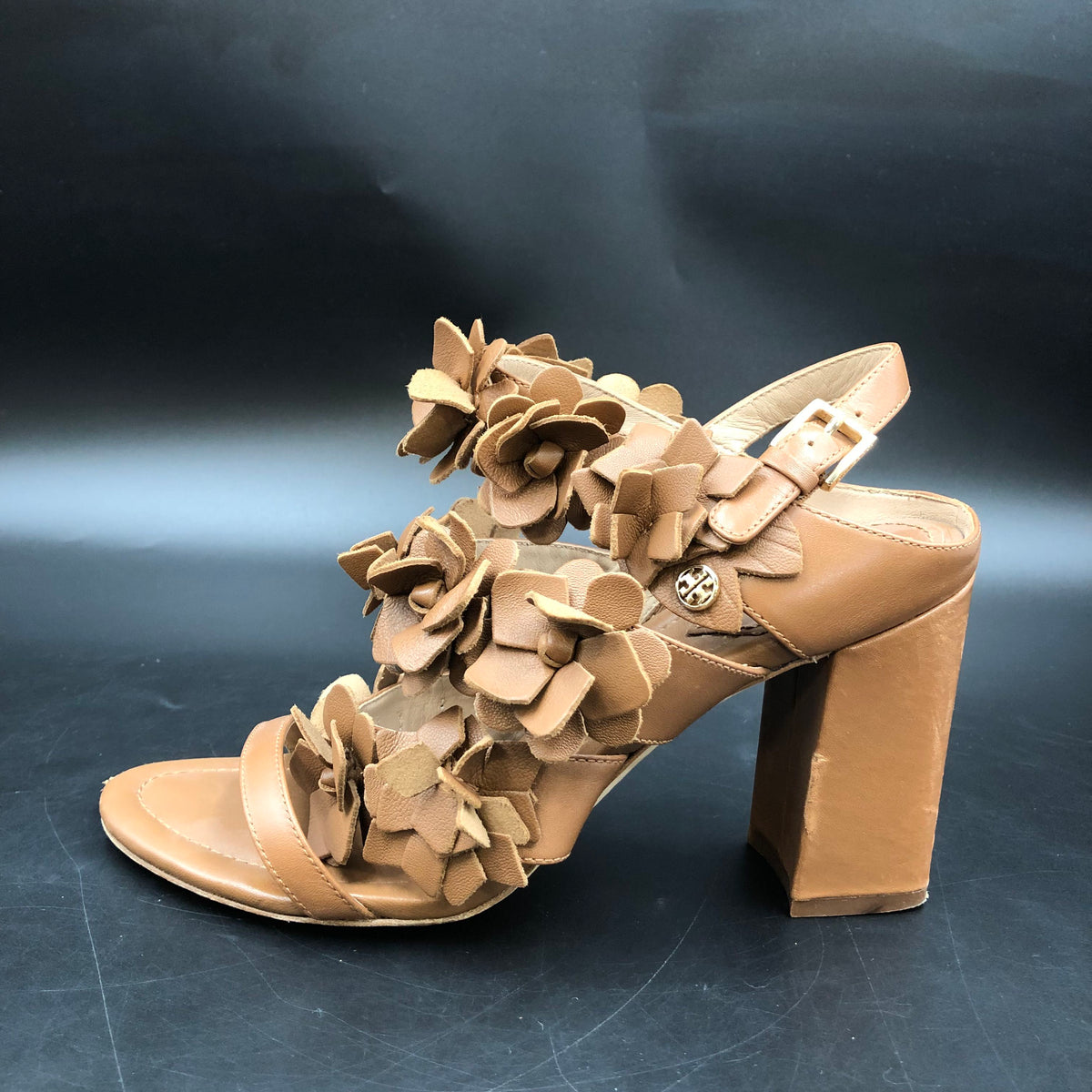 Tory Burch Blossom Floral Applique Brown Leather Block Heel Sandals Size 7 COA