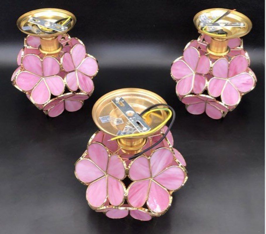 Lot of 3 Pink/Gold Tiffany Inspired Cherry Blossom Mosaic Light Fixtures