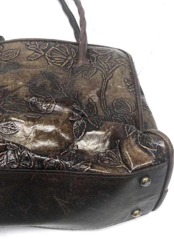 Patricia Nash Brown Tooled Rose Leather Satchel Handbag Medium Tassel