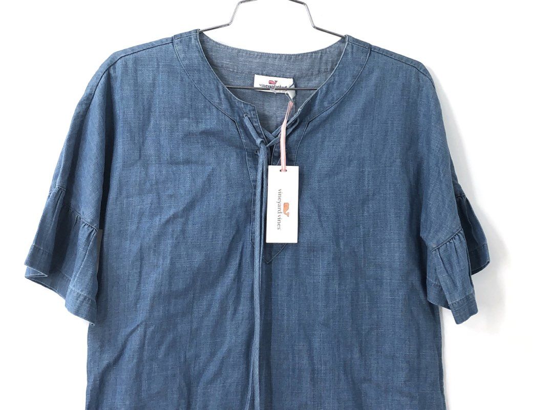 Vineyard Vines Women's Chambray Flutter Sleeve Lace-Up Dress Blue NWT Sz 0