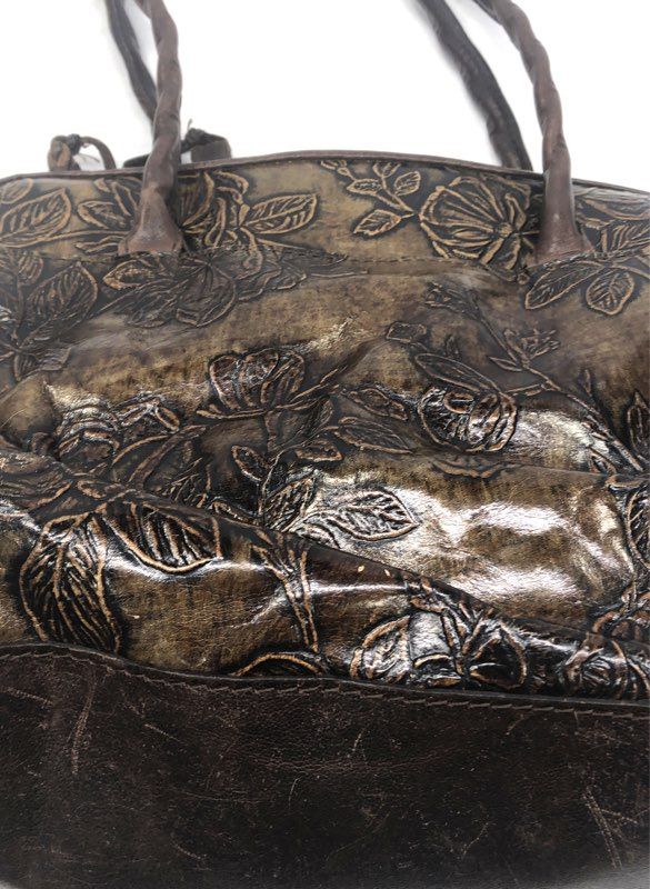 Patricia Nash Brown Tooled Rose Leather Satchel Handbag Medium Tassel