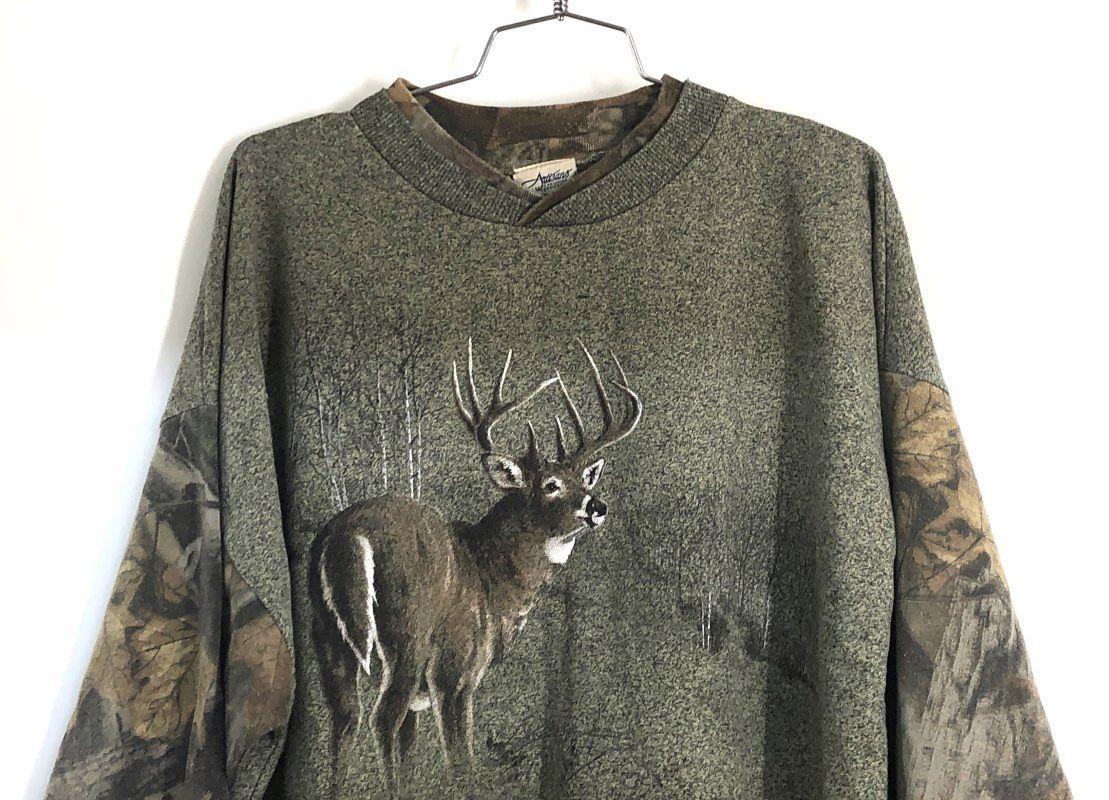 Vintage 90s Artisans Men's Green Deer Buck Camo Sleeve Sweatshirt Made USA