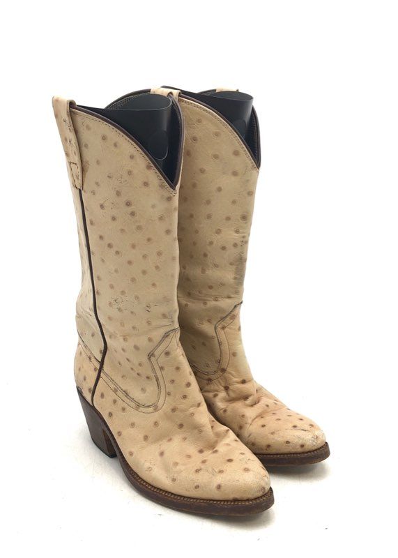 Women&#39;s Cream Leather Mid-Calf Cowgirl Western Boots - Size Measured