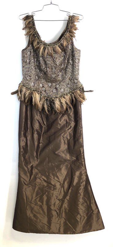 Vintage 90s Victoria Royal Women's Brown Silk Beaded Feather Gown Dress Sz 12