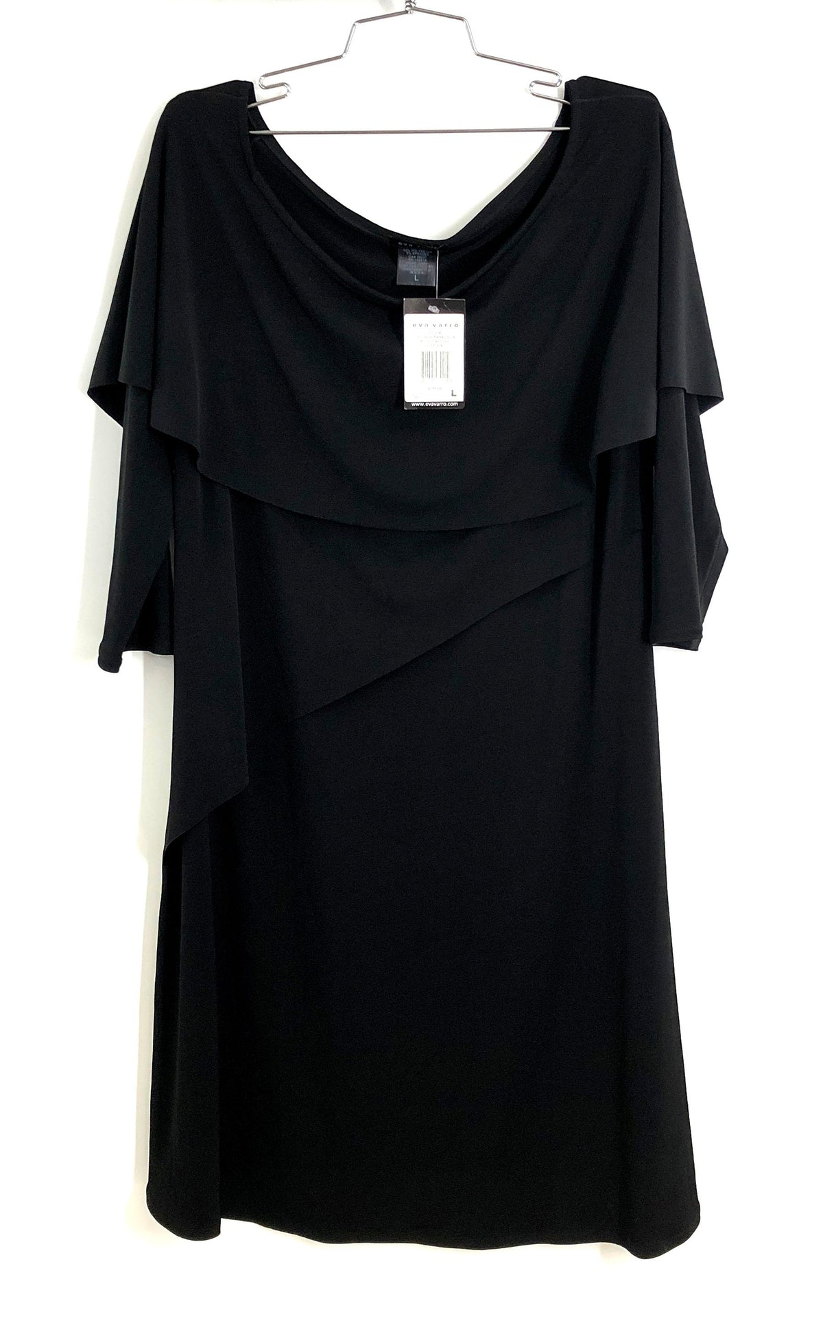 Eva Varro Women's Black Cascade Dress 3/4 Sleeve Wide Bateau Neck NWT Sz L