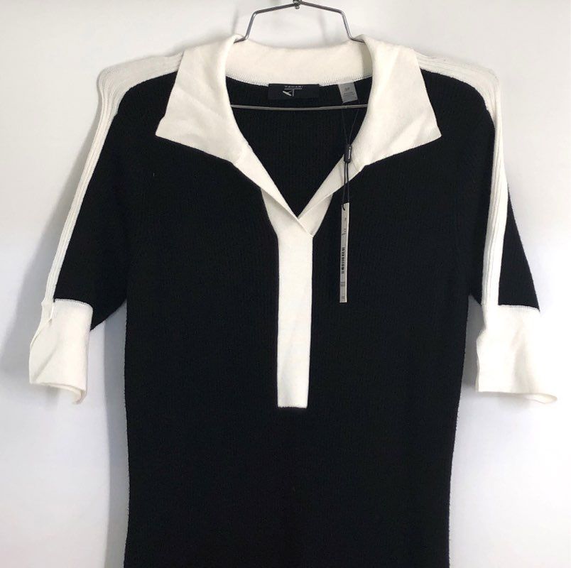 Tahari Women's Black White Ribbed Knit Polo Midi Dress Short Sleeve NWT Sz S/P