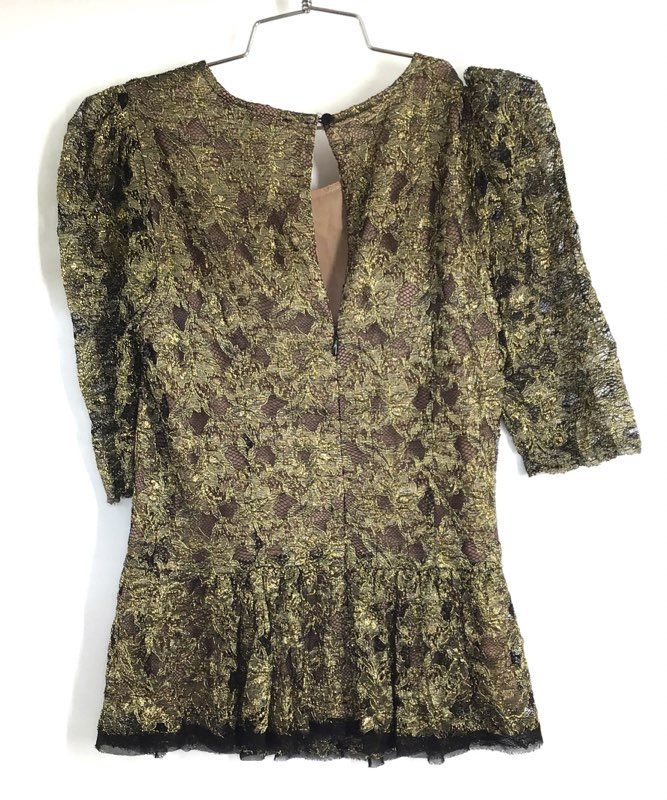 BCBG Maxazria Women's Black Gold Lace Peplum Puff Sleeve Blouse Sz 4 NWT