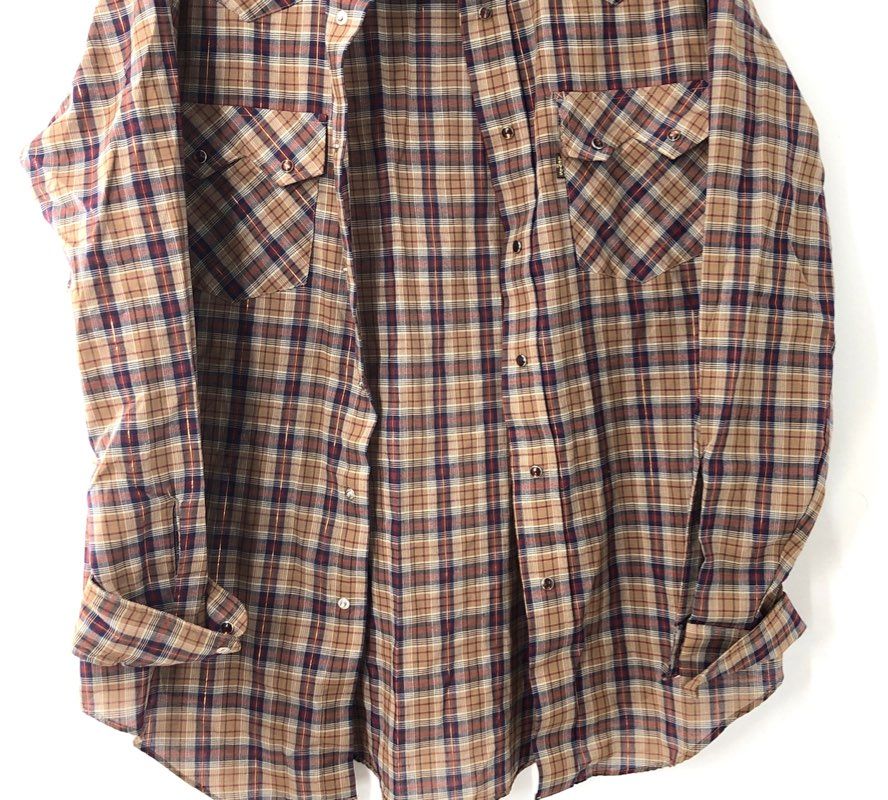 Vintage 80s Levi's Pearl Snap Western Shirt Lurex Plaid Tapered Fit Sz XL