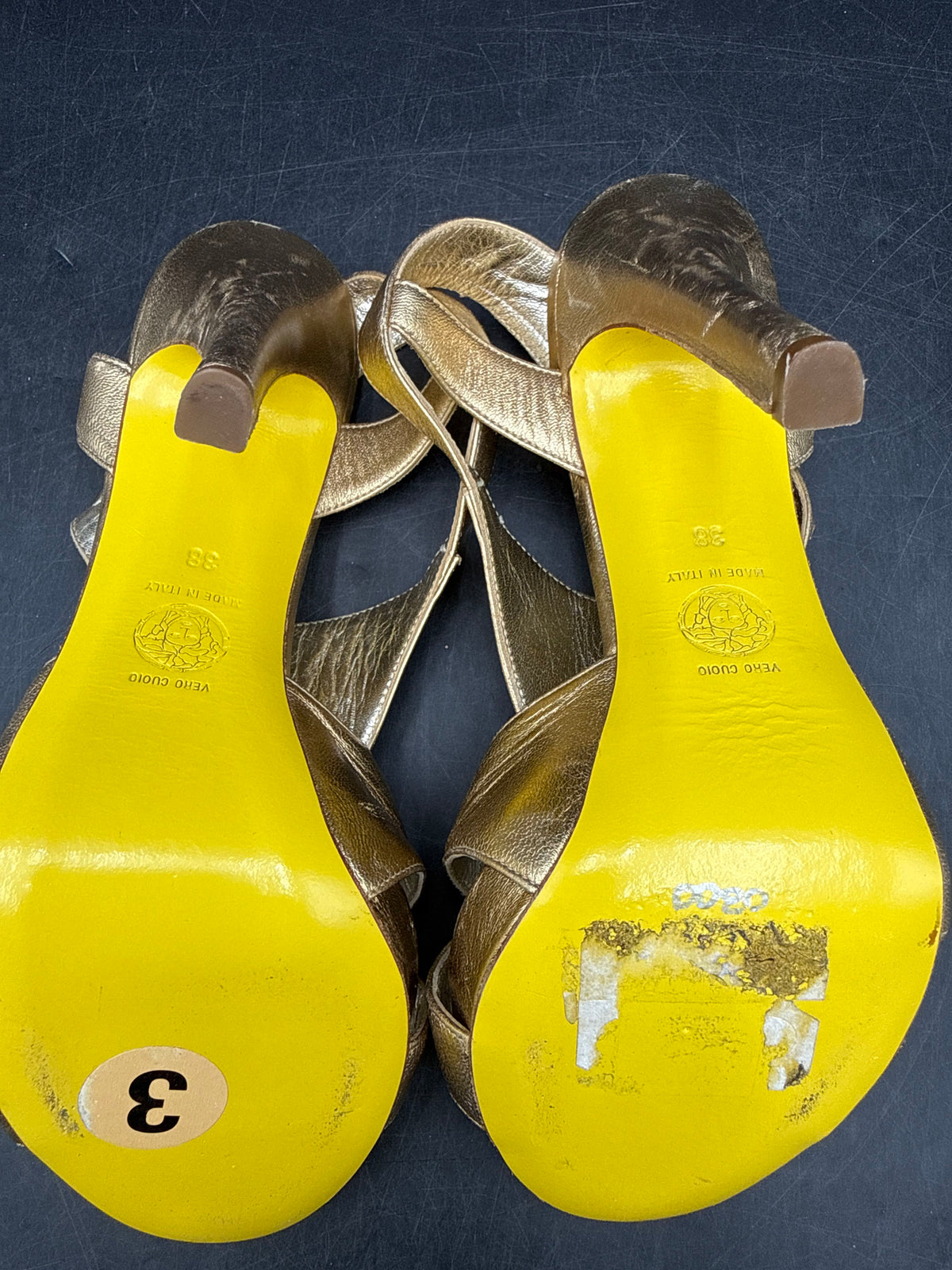 Versace Gold Leather Strappy Platform High Heel Sandals COA Size 38
