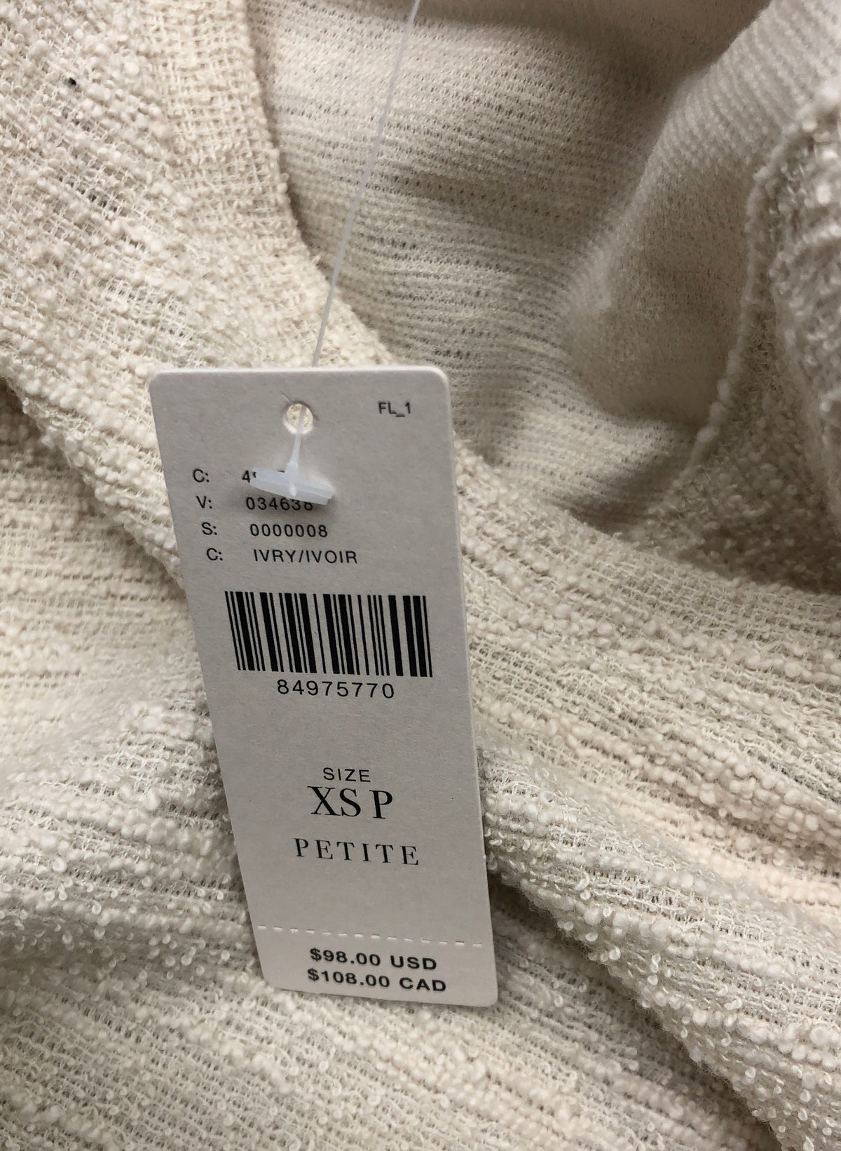 Anthropologie Women's Ivory Textured Back Bow Long Sleeve Top Petite XSP NWT