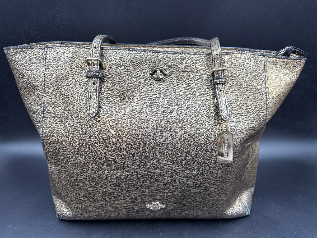 Coach Turnlock Metallic Gold Pebble Leather Tote Bag Purse COA