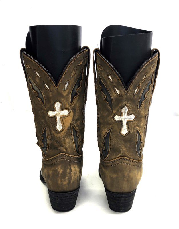 Dan Post DPC-3121 Distressed Brown Cross Inlay Youth Western Boots 4.5