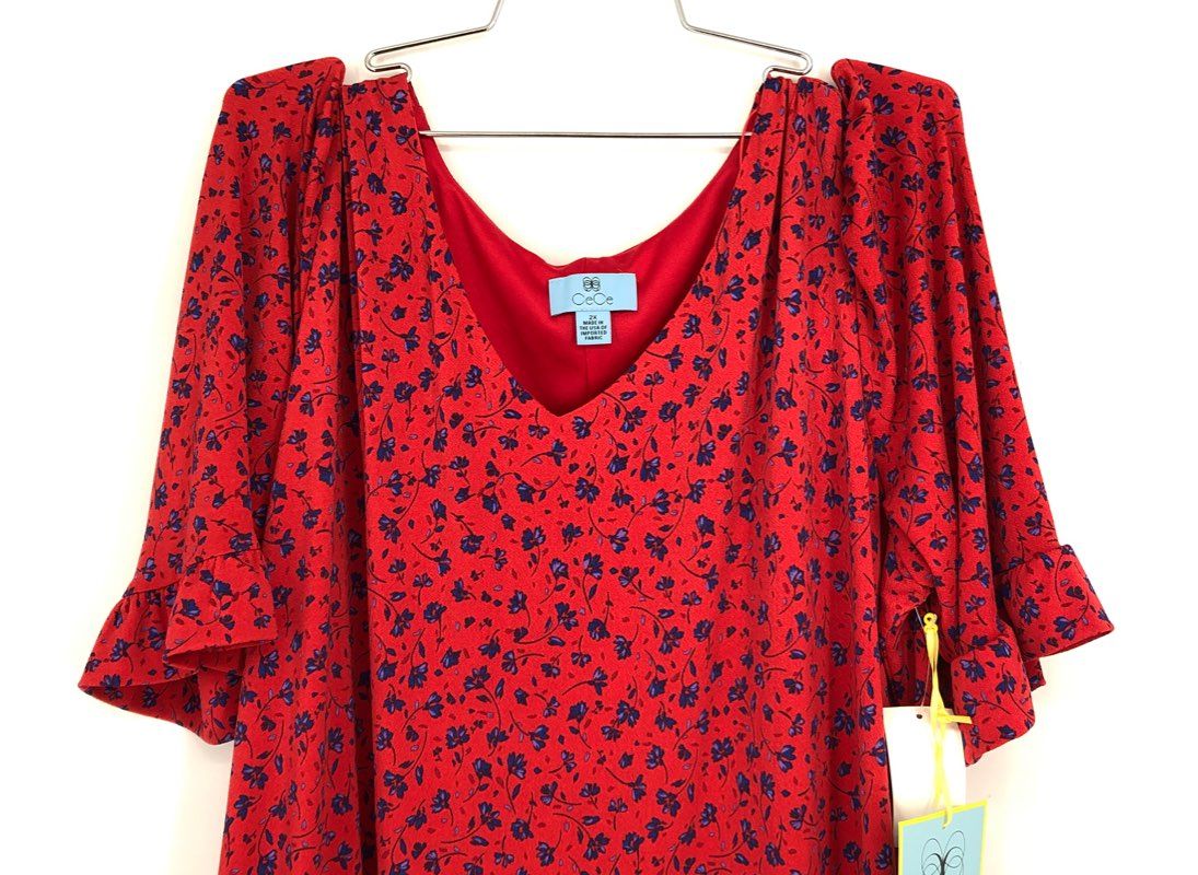 NWT Cece Women&#39;s Cherry Floral Short Sleeve V-Neck Swing Dress - Size 2X