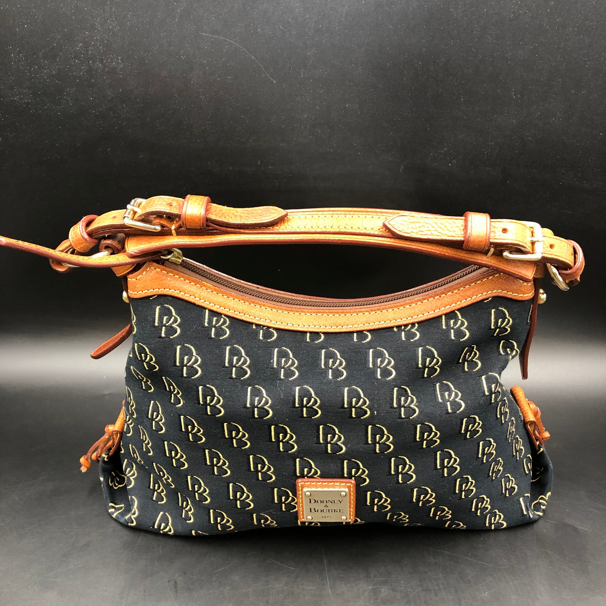 Dooney & Bourke Black Canvas Signature Satchel Shoulder Bag Brown Leather COA