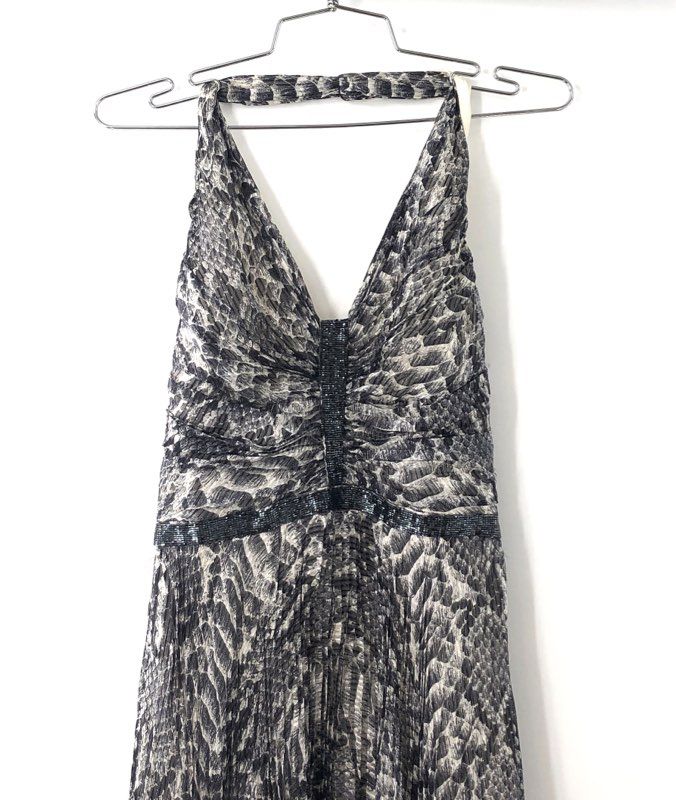 Carmen Marc Valvo Women's Gray Snakeskin Print Pleated Beaded Halter Dress NWT 2