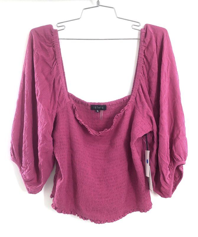 1.STATE Women's Pink Smocked Square Neck Balloon Sleeve Rayon Blouse NWT Sz XL