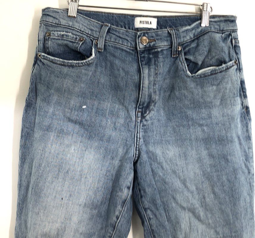 Pistola Women's Blue Distressed High Rise Ripped Knee Frayed Hem Jeans Sz 31