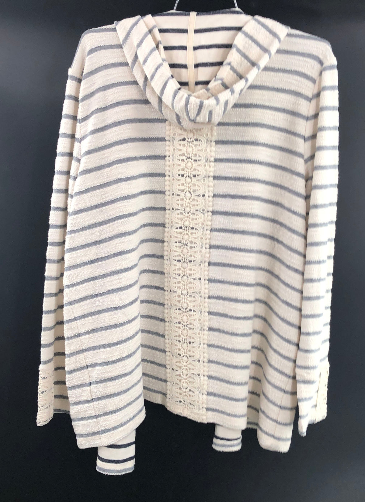 Dressbarn Sunday Women's Striped Hooded Cardigan Crochet Lace Back Sz L NWT