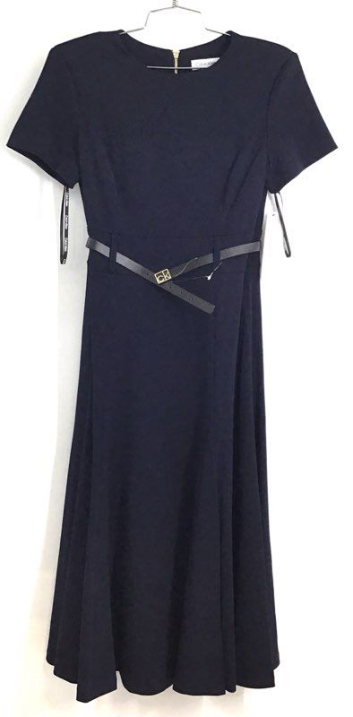 Calvin Klein Women's Navy Blue Belted Short Sleeve Fit & Flare Dress NWT Sz 6