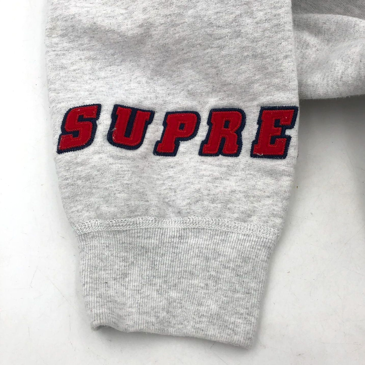 Supreme Light Heathered Grey Hoodie with Red/Blue Sleeve Logo Patches - Size L