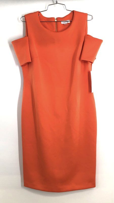 Calvin Klein Women's Orange Cold Shoulder Sheath Zip Back Dress Sz 14 NWT