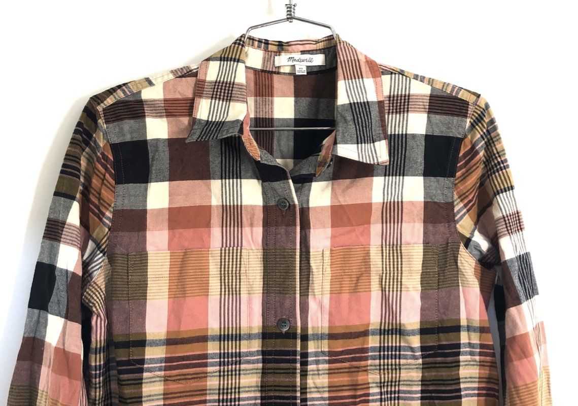 Madewell Women's Pink Brown Plaid Button Down Shirt Long Sleeve Pockets Sz XS