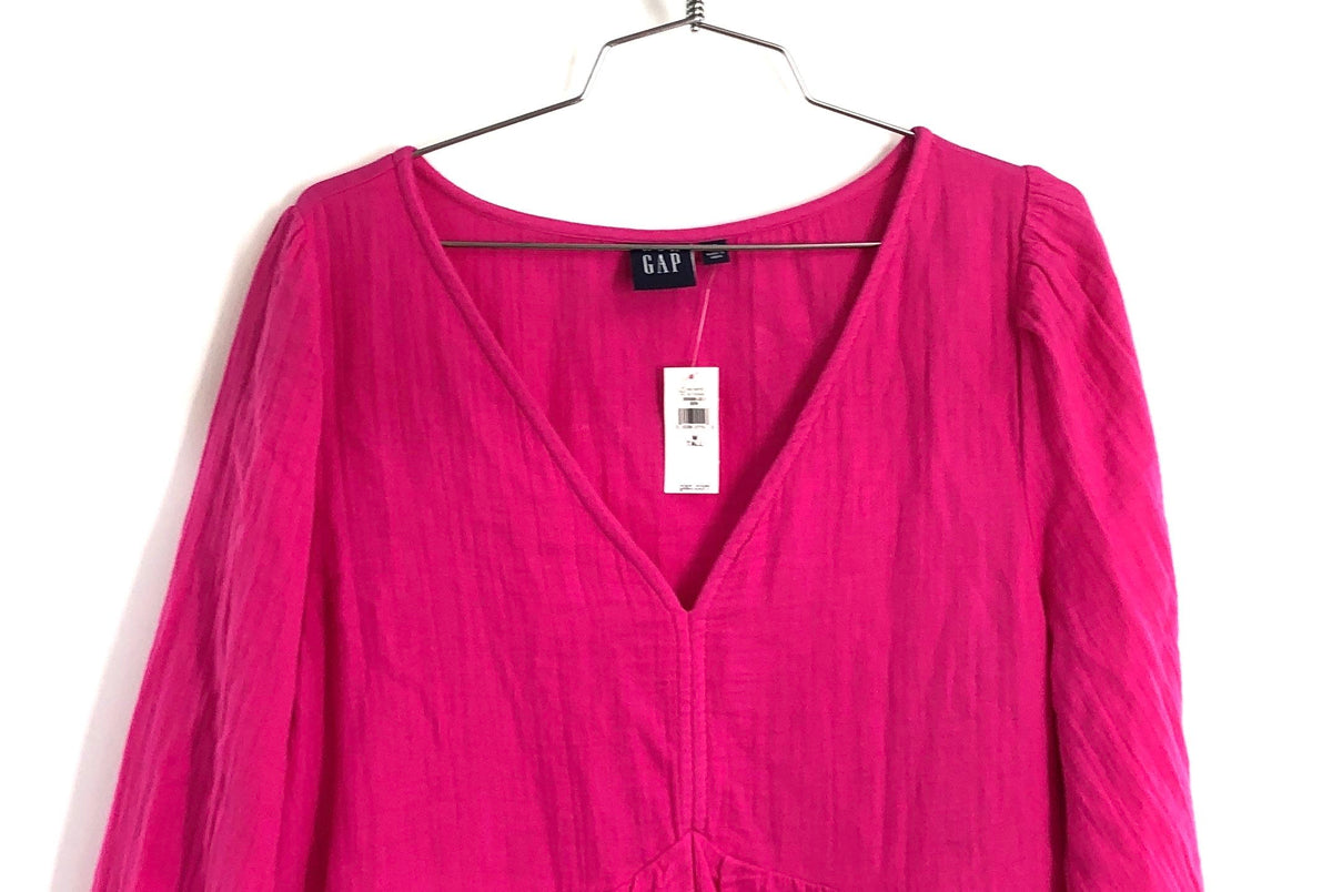 Gap Women's Pink Crinkle Cotton Gauze Tiered V-Neck Mini Dress Sz M Tall NWT