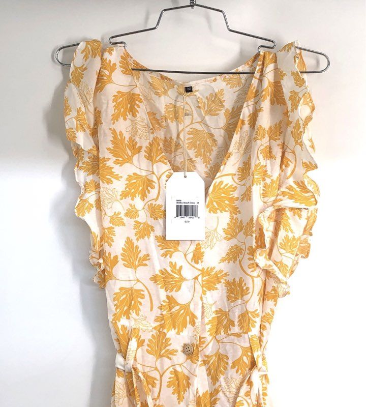 Bahia Women's Shelley Beach Dress Yellow White Floral Leaf Ruffle NWT Size M