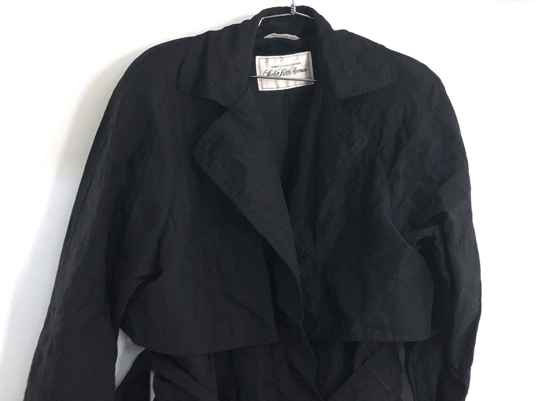 Vintage 90s Saks Fifth Avenue Women's Black Belted Nylon Trench Coat Sz 8