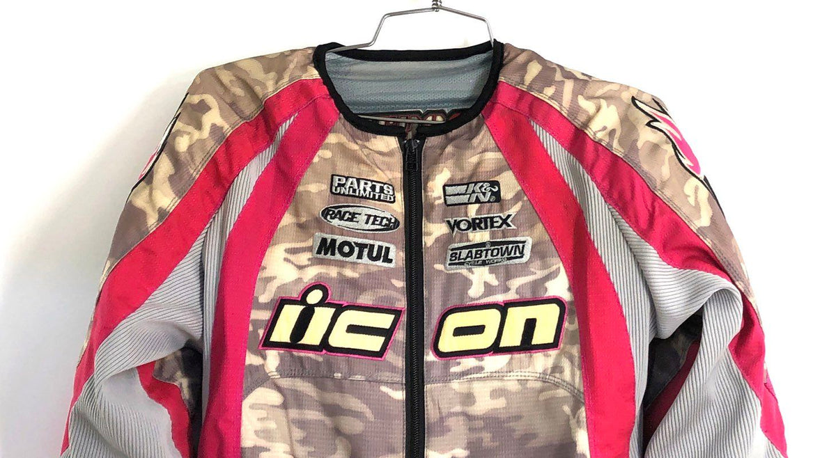 Icon Women's Merc Stage 3 Riding Jacket Pink Camo Graphic Patches Sz SM