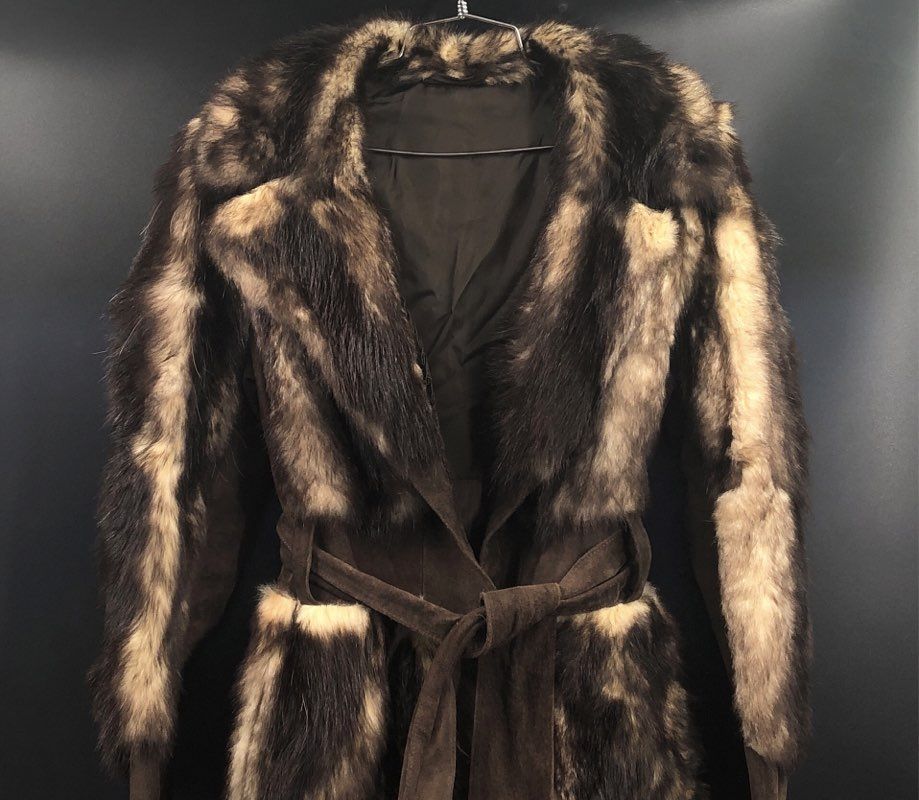 Vintage 70s Fur Suede Belted Trench Coat Maxi Penny Lane Boho Sz M