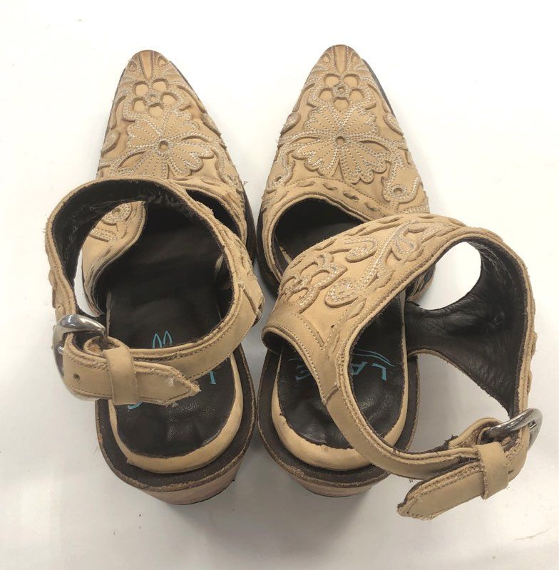 Lane Tan Floral Embroidered Leather Western Slingback Sandals Size 5.5